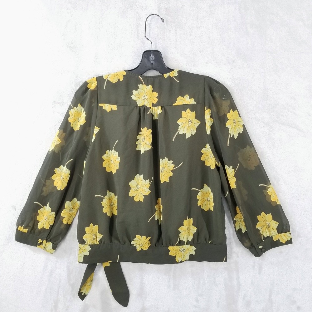 Madewell Wrap Blouse Women M Olive Green Yellow‎ Floral Chiffon Top 3/4 Sleeve - Picture 2 of 9